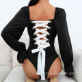 Women Long Sleeve Back Lace Up Bodysuit